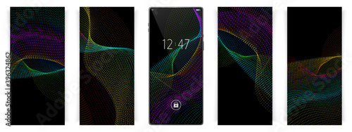 Smartphone wallpapers set. Waves motion futurictic backgrounds. Abstract dots. Smartphone vector mockup. photo