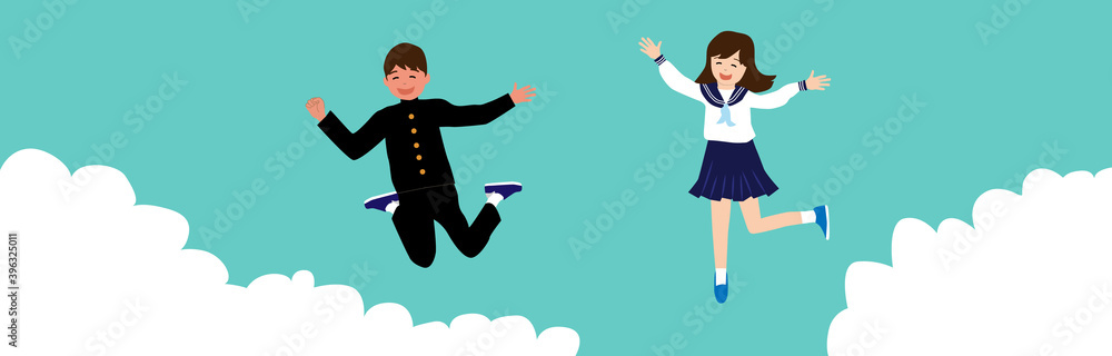 Vetor Do Stock 歓喜あふれる 喜ぶ女子高生 男子学生 天にも昇る気持ち 大喜び 幸せな ジャンプする コピースペース 中学生 感謝 やったー Adobe Stock