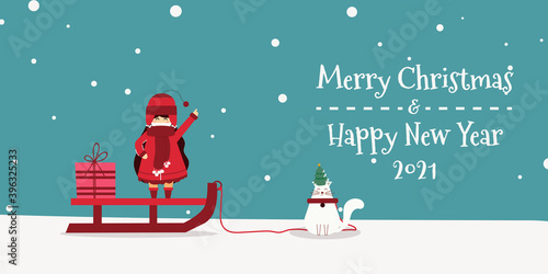 Merry Chrismast and Happy New Year! Winter holiday vector illustration: little girl and cat delivering gifts. Images for postcards, posters, cards and backgrounds.