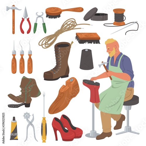 Shoemaker set flat vector isolated illustration. Shoe repair tools, cobbler supplies and accessories. Glue, lasts, scissors, awl, pliers, needle, thread, brush and hammer. DIY shoe making.