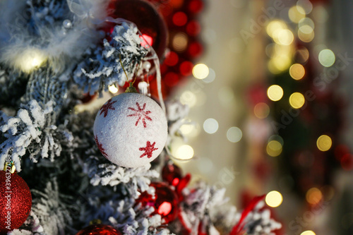 decorated christmas tree on blurred background with copy space
