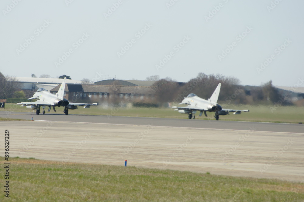 Military jets scrambled from military airfield, defence Stock Photo