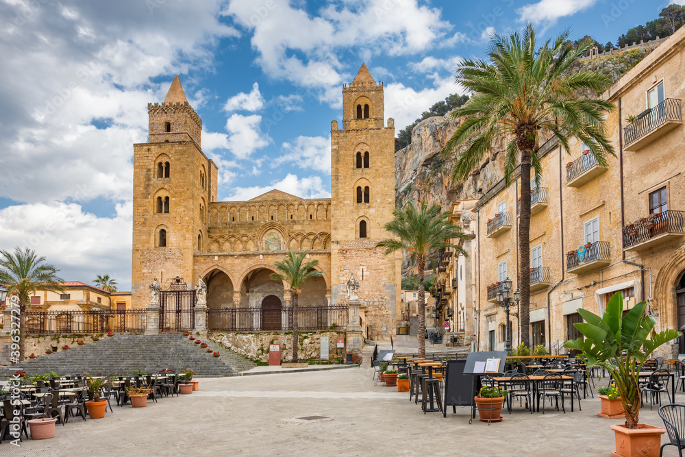 Cathedral Basilica of Cefalu at square Piazza del Duomo in the old town of Cefalu, Sicily