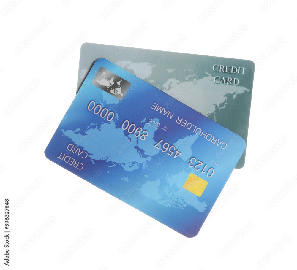 Different plastic credit cards on white background Different plastic credit cards on white background