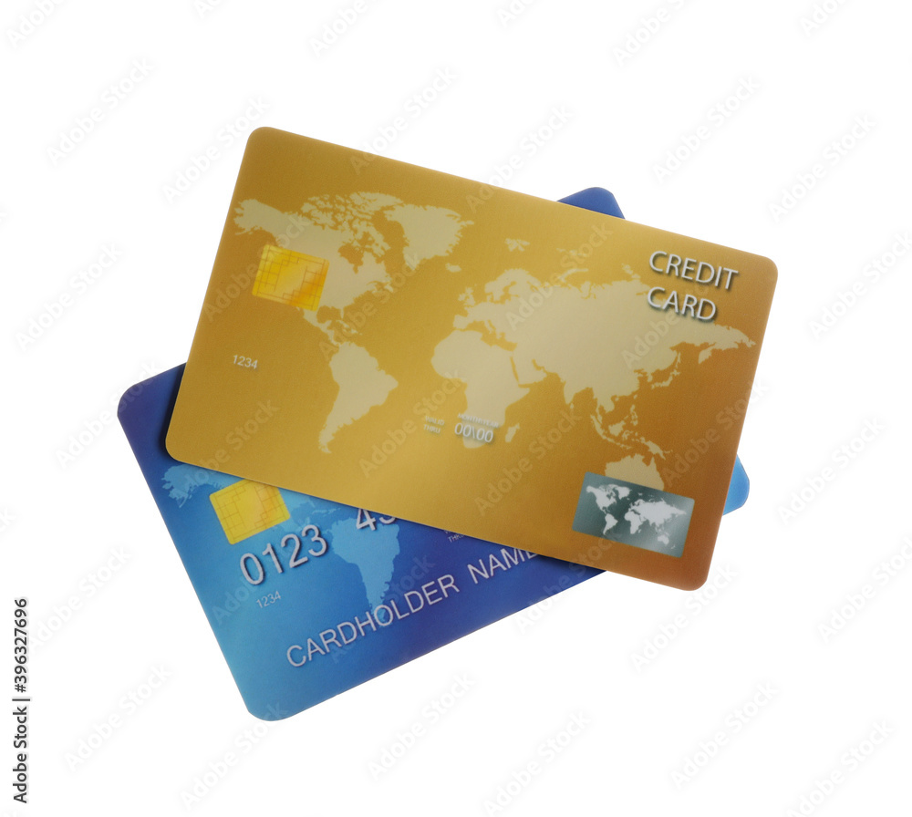 Different plastic credit cards on white background Different plastic credit cards on white background