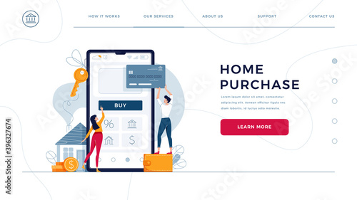 Home purchase online homepage template. Family buys new house, touching the button on phone, paying by credit card. Home-buying, property digital purchase for web site design. Flat vector illustration