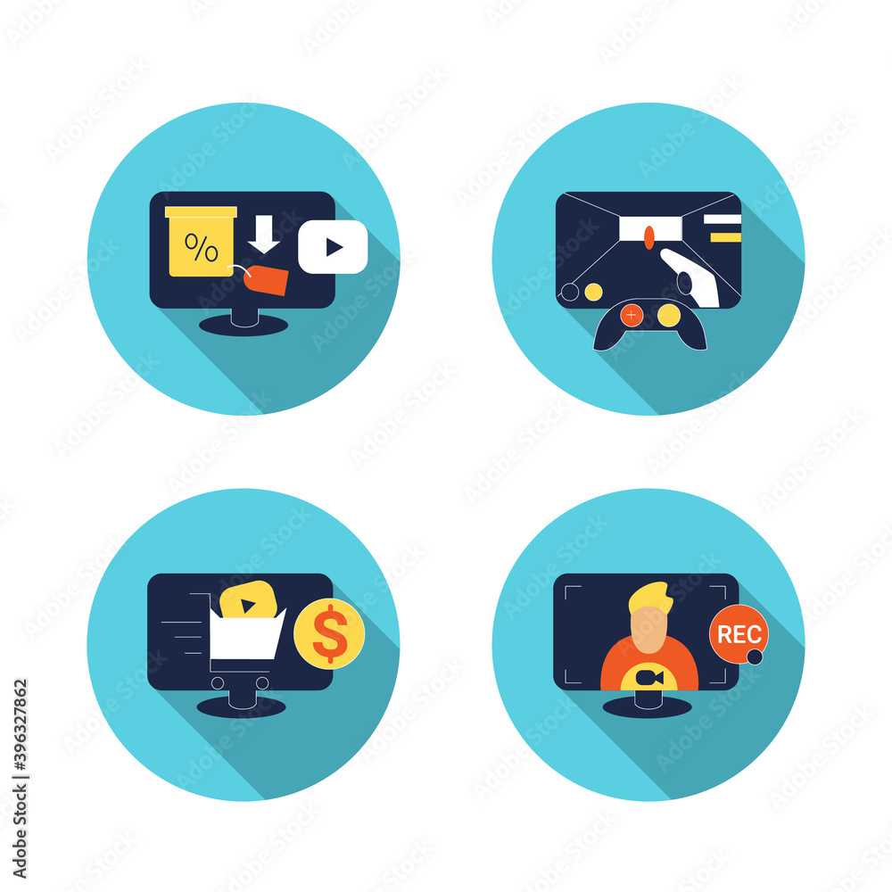 Video flat icons set. Collection of signs for video call, web game, digital marketing, film production and vlogging. Mobile media players linear elements set. Color vector collection with shadow Video flat icons set. Collection of signs for video call, web game, digital marketing, film production and vlogging. Mobile media players linear elements set. Color vector collection with shadow