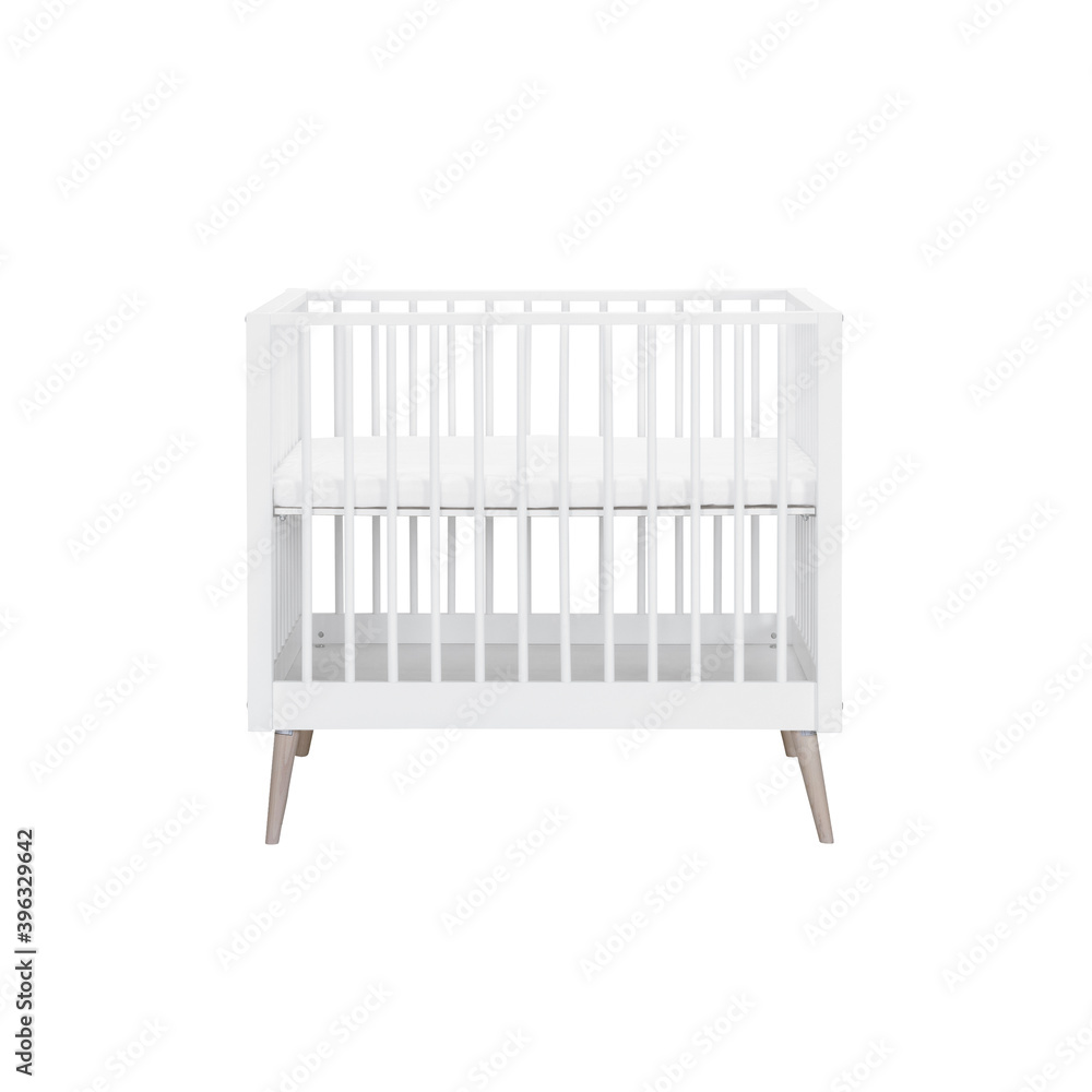 white square baby child bed with white background and brown wooden legs