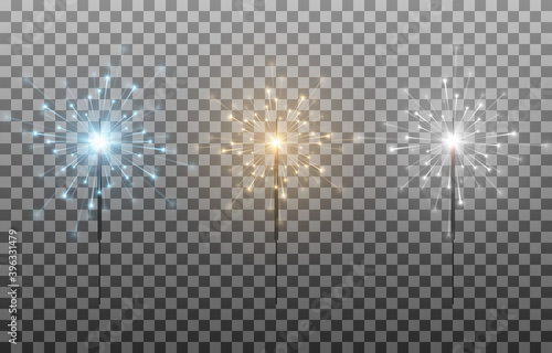 Vector set of multicolored sparklers. Bengal lights png, sparks, fireworks. Flash a lawsuit, burning lights. Christmas lights.