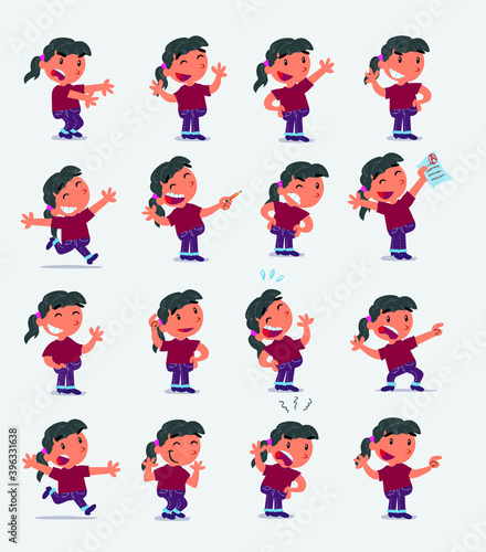 Cartoon character white little girl. Set with different postures, attitudes and poses, doing different activities in isolated vector illustrations
