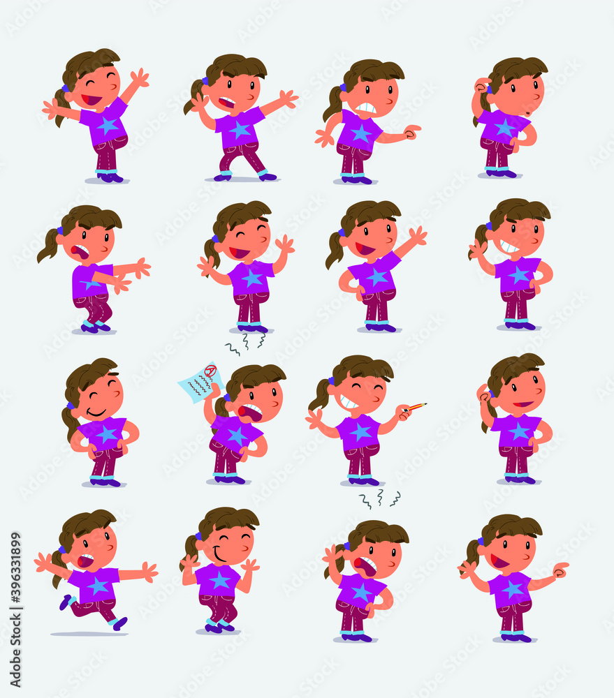 Cartoon character white little girl. Set with different postures, attitudes and poses, doing different activities in isolated vector illustrations