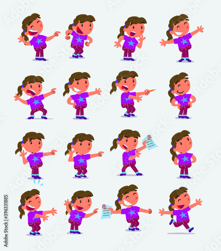 Cartoon character white little girl. Set with different postures, attitudes and poses, doing different activities in isolated vector illustrations