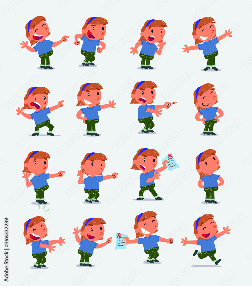 Cartoon character white little girl. Set with different postures, attitudes and poses, doing different activities in isolated vector illustrations Cartoon character white little girl. Set with different postures, attitudes and poses, doing different activities in isolated vector illustrations
