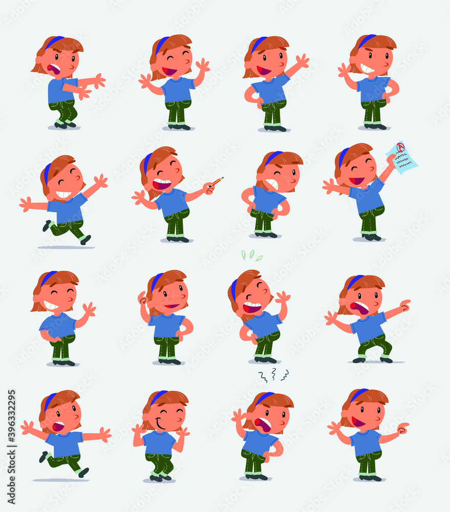Cartoon character white little girl. Set with different postures, attitudes and poses, doing different activities in isolated vector illustrations Cartoon character white little girl. Set with different postures, attitudes and poses, doing different activities in isolated vector illustrations