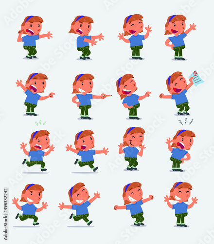 Cartoon character white little girl. Set with different postures, attitudes and poses, doing different activities in isolated vector illustrations © David
