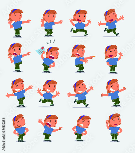 Cartoon character white little girl. Set with different postures  attitudes and poses  doing different activities in isolated vector illustrations