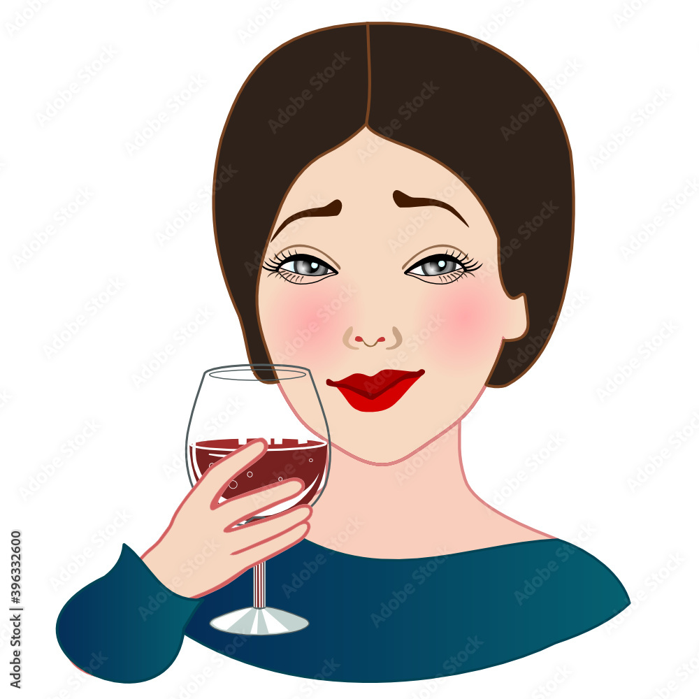 drunk women holds a wine glass of champagne or other alcohol in her hand, simplistic facial expression vector illustration, cartoon character drunk women holds a wine glass of champagne or other alcohol in her hand, simplistic facial expression vector illustration, cartoon character