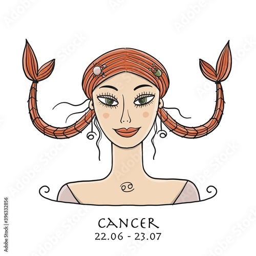 Illustration of Cancer zodiac sign. Element of Water. Beautiful Girl Portrait. One of 12 Women in Collection For Your Design of Astrology Calendar, Horoscope, Print.