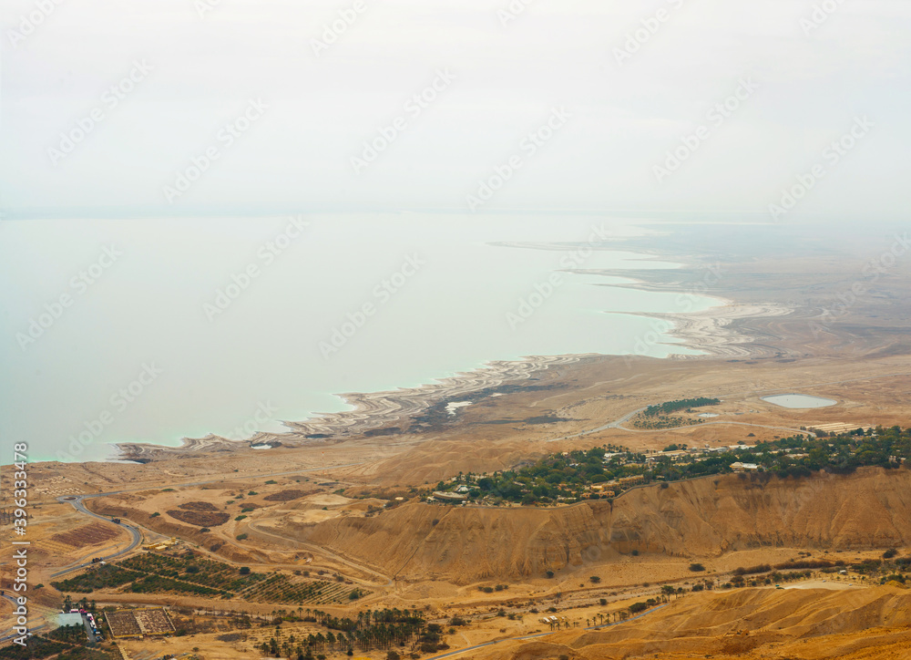 Fototapeta premium Panoramic view of the Dead Sea and Ein Gedi kibbutz