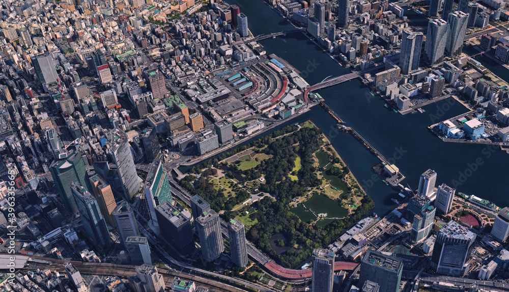Obraz premium Japan, the coast of the capital Tokyo, infrastructure, residential buildings, bridges and attractions