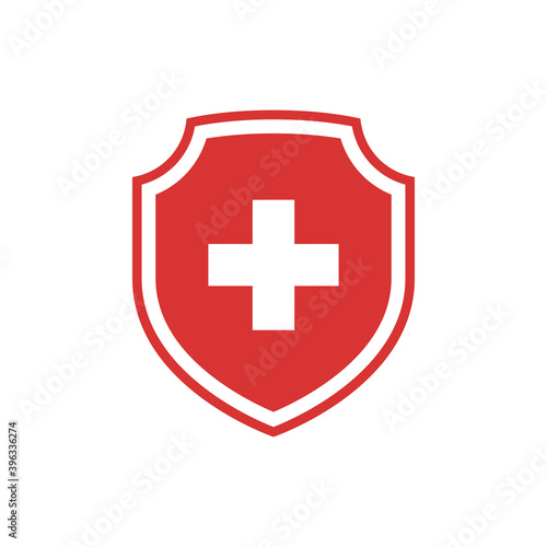 Shield and medical cross vector icon. Medicine or hospital symbol in red and white.