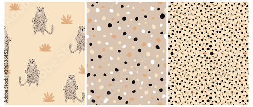 Funny Safari Party Seamless Vector Patterns Set. Wild Cat. Cute Infantile Style Nursery Art with Brown Leopard ideal for Fabric, Textile. Leopard Skin Print.