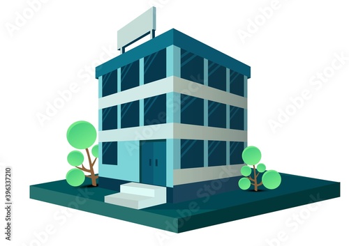Isometric Building vector. Two building on Yard with road. building 3d , smart city, Vector office and town apartment concept.
