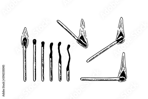 Set of hand drawn burning matches isolated on white background. Vector illustration in sketch style