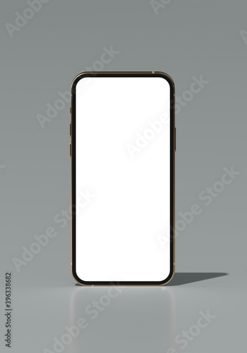Abstract background for mobile application concept. Golden mobile phone frame on grey background. 3d rendering illustration. Clipping path of each element included.