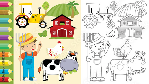 farm theme cartoon set, coloring book or page