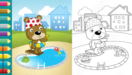 Billede på lærred Cartoon of funny bear in the swimming pool with frog and fish on building backgr