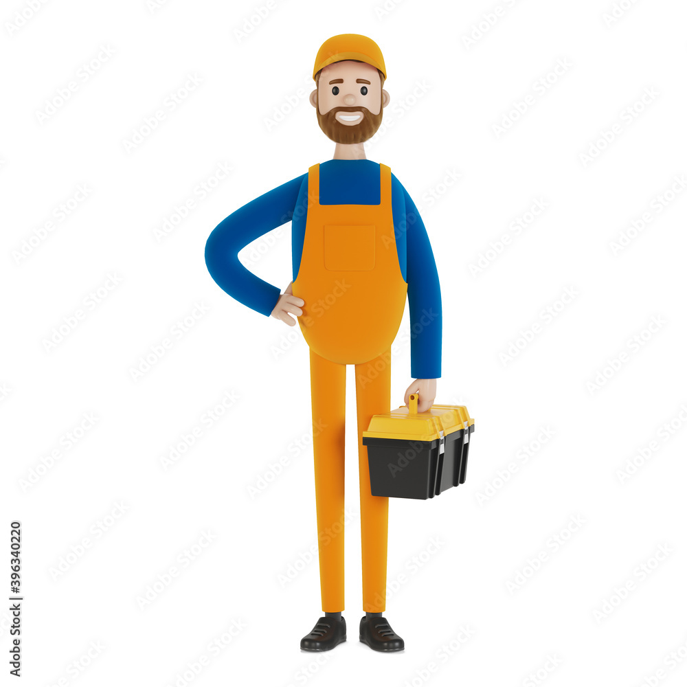 Master for an hour with a toolbox. Builder. 3D illustration in cartoon style. Master for an hour with a toolbox. Builder. 3D illustration in cartoon style.