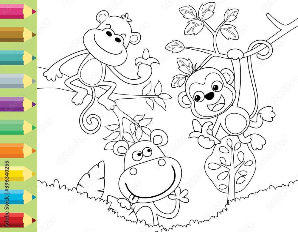 coloring book or page with funny monkey cartoon