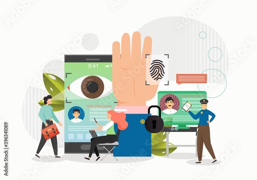 Biometric authentification. Face, eye, fingeprint recognition flat vector illustration. Modern identification technology
