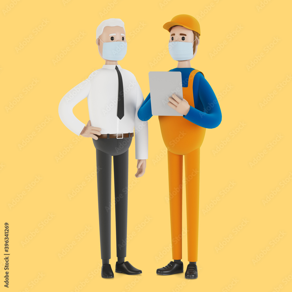 The builder and the customer are discussing the work plan. Acceptance of apartments. 3D illustration in cartoon style. The builder and the customer are discussing the work plan. Acceptance of apartments. 3D illustration in cartoon style.