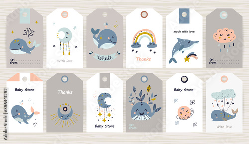 Set of tags with whales for girl and boy.