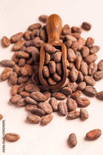Cocoa beans in a wooden scoop on a pink background. Cocoa product.