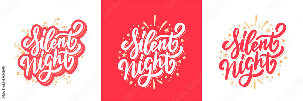 Silent Night. Merry Christmas vector lettering greeting card.