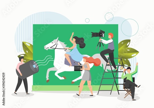 Film crew shooting movie, flat vector illustration. Actress riding horse. Cinematography, filming process.