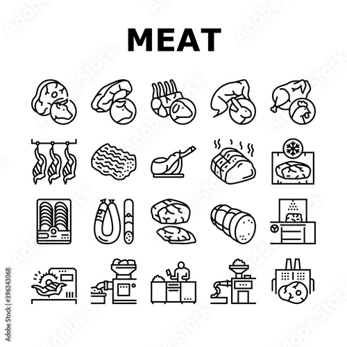 Meat Factory Product Collection Icons Set Vector. Beef And Pork, Chicken And Rabbit Meat, Smoked And Dried Sausage And Ham Manufacturing Black Contour Illustrations