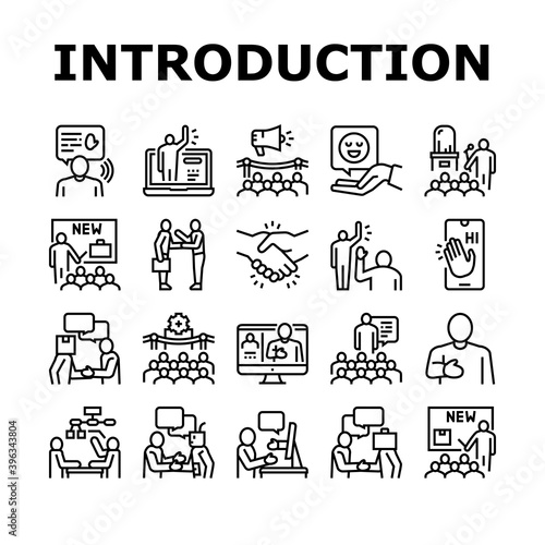 Introduction Speech Collection Icons Set Vector. New Product And Business Case Presentation, Employee And Artificial Intelligence Introduction Black Contour Illustrations