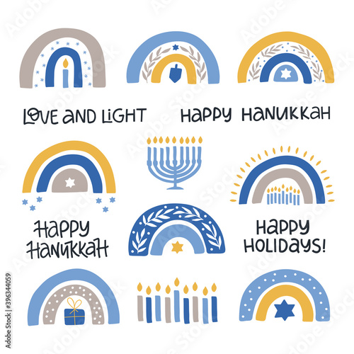 Hanukkah vector celebration typography. Traditional Jewish holiday. Chanukah wishes isolated on white. Handwritten Hanuka festive rainbow, candle, dreidel, menorah