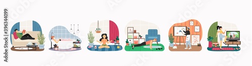 Stay home in quarantine scene set, flat vector illustration. Leisure, home activities. Self isolation.