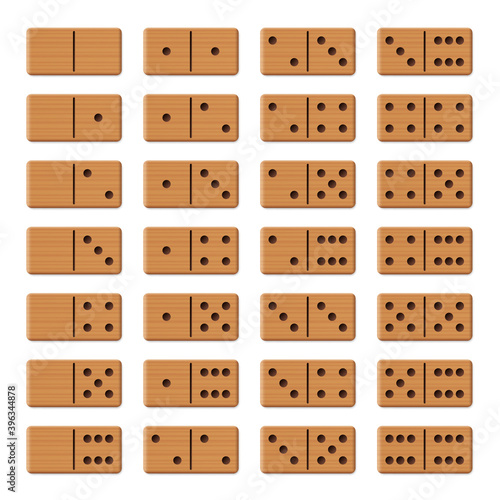 Dominoes - complete game set, collection of 28 arranged wooden textured tiles. Isolated vector illustration on white background.
