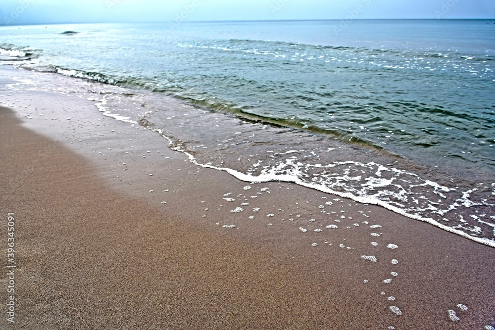 Sandy deserted seashore. Cold deserted beach