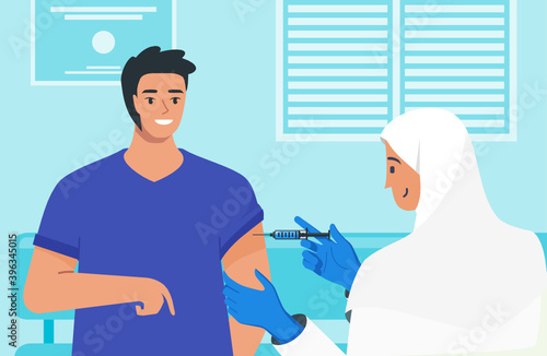 Muslim or Arab Female Doctor Injecting Vaccine to a Man in Clinic, Hospital or Public Medical Service. People Vaccination or Immunization Concept. Healthcare Flat Vector Cartoon Design Illustration