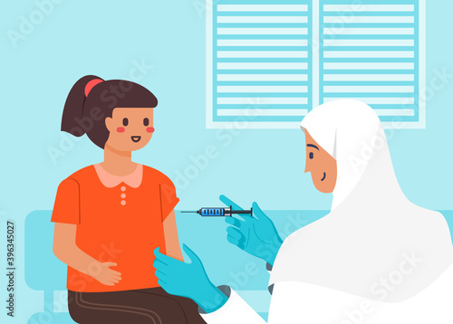 Muslim or Arab Female Doctor Injecting Vaccine to a Kid in Clinic, Hospital or Public Medical Service. Children Vaccination or Immunization Concept. Healthcare Flat Vector Cartoon Design Illustration.