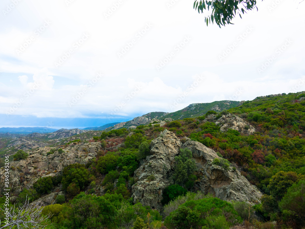 Panoramic view of the peaks of the Corsica Mountains along the GR20 hiking route. Corsica inland