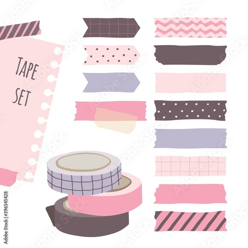 Set of cute colorful hand drawn masking tape, blank tags label stickers with patterns in pastel color as design elements for decoration.