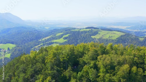 Drone panoramic shot of landscape of nature in Carpathians, Ukraine. Beautiful mountains and forests on slopes.Prevalje, Slovenia. photo